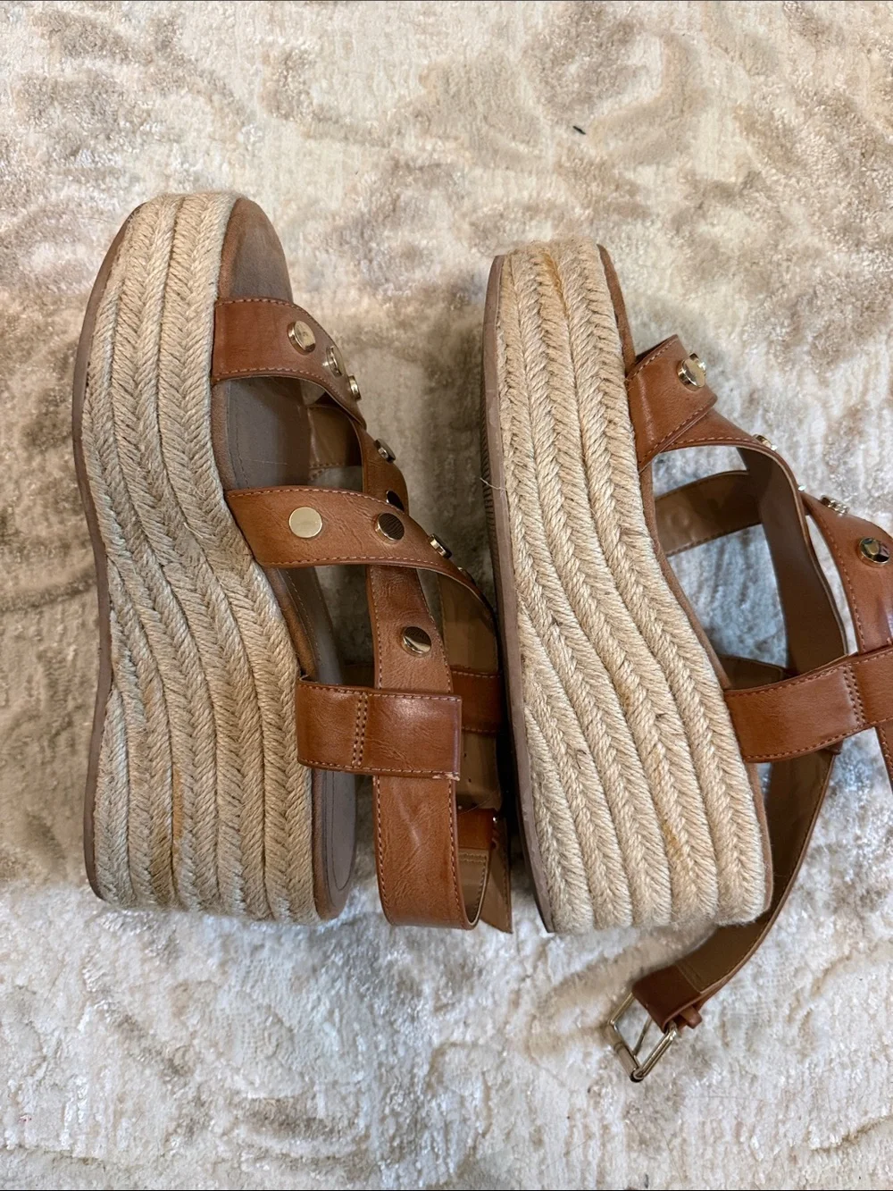 Women's Tan Studded Espadrille Wedge Sandals